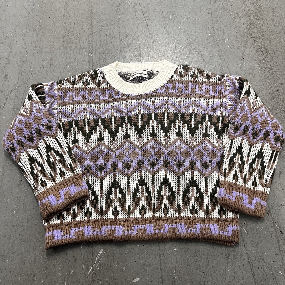 Anthropologie Fair Isle Sweater XS/P Brown Purple Cream Geometric Knit Pullover